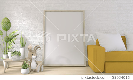 yellow sofa and poster frame on white brick wall yellow sofa and poster frame on white brick wall 55934015