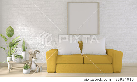 yellow sofa on white brick wall on floor wooden yellow sofa on white brick wall on floor wooden 55934016