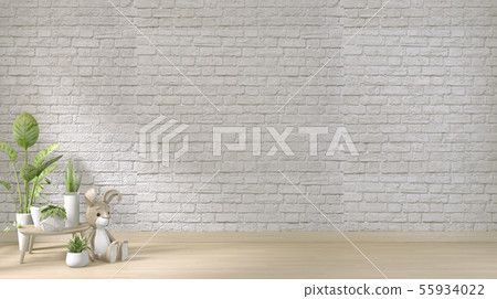 mock up white brick wall on floor wooden and 55934022