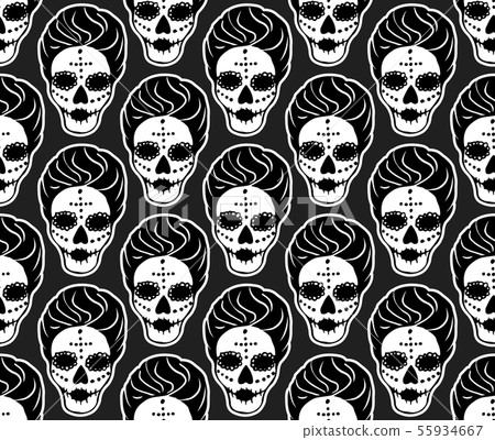 Black and white seamless hand-drawn skull pattern 55934667