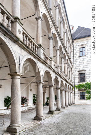 Great arcades - white renaissance archs on Third Courtyard of Jindrichuv Hradec Castle in Jindrichuv Great arcades - white renaissance archs on Third Courtyard of Jindrichuv Hradec Castle in Jindrichuv 55934885
