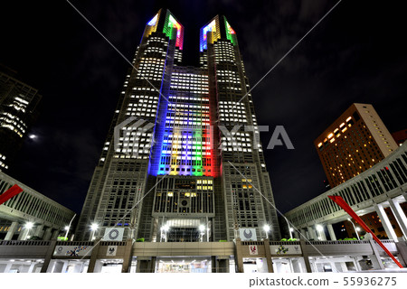 Night view of Tokyo Metropolitan Government dyed in Olympic symbol color 55936275