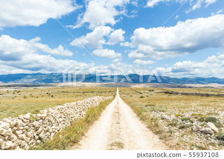 Dirt road leading trough dry rocky Mediterranean coastal lanscape of Pag island, Croatia in 55937108