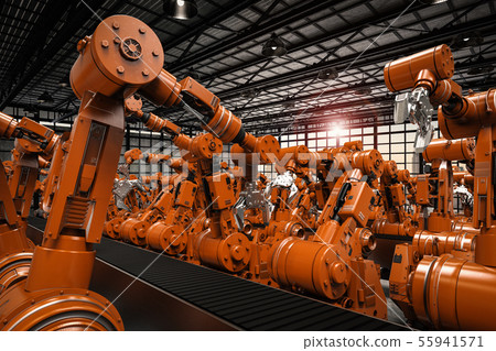 robotic arms with empty conveyor belt 55941571