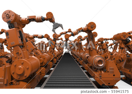 robotic arms with empty conveyor belt 55941575