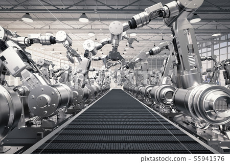 robotic arms with empty conveyor belt 55941576