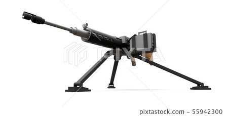 Large machine gun on a tripod with a full cassette ammunition on a white background. 3d ilustration. Large machine gun on a tripod with a full cassette ammunition on a white background. 3d ilustration. 55942300