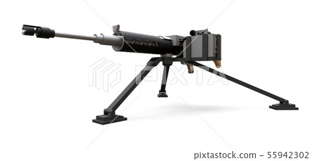 Large machine gun on a tripod with a full cassette ammunition on a white background. 3d ilustration. Large machine gun on a tripod with a full cassette ammunition on a white background. 3d ilustration. 55942302