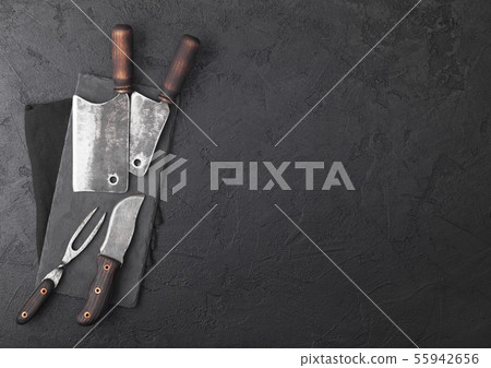 Vintage meat knife and fork and hatchets with 55942656