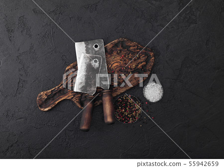 Vintage meat knife hatchet on vintage chopping 55942659