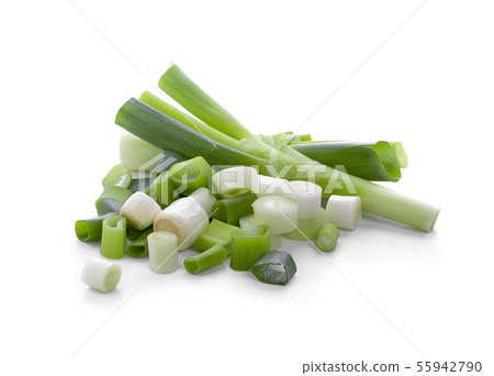 Chopped green onions on white background, 55942790