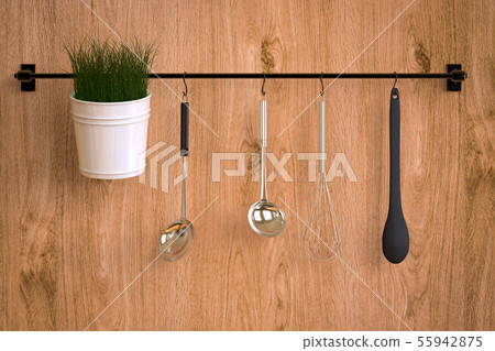 kitchen rack on wooden wall 55942875