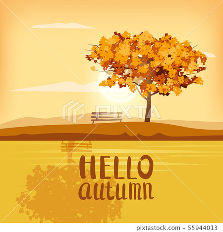 Hello Autumn landscape tree lettering rural scenery outdoor yellow red brown leaves foliage fall 55944013