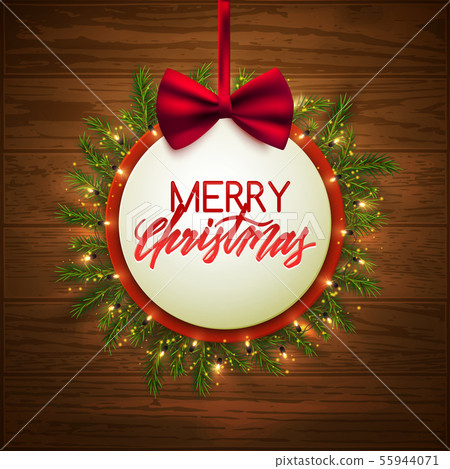 Merry Christmas card, round banner, red bow and Merry Christmas card, round banner, red bow and 55944071