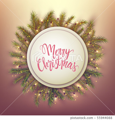 Merry Christmas card, round banner and pine leaves - Stock Illustration ...