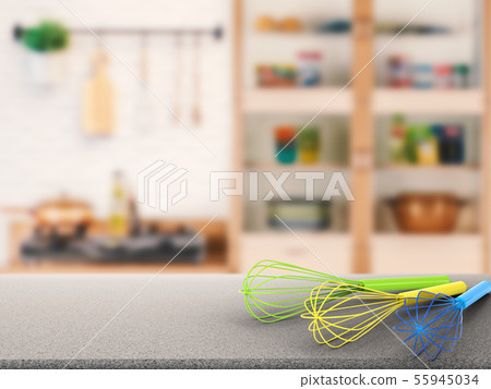 wire whisk on counter with kitchen background wire whisk on counter with kitchen background 55945034