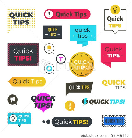Quick tips logos and banners. Helpful tricks shapes, advices and suggestions emblems. Vector Quick tips logos and banners. Helpful tricks shapes, advices and suggestions emblems. Vector 55946162
