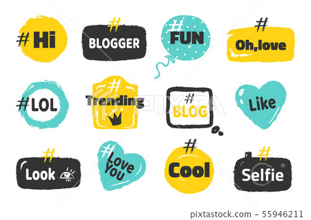 Hashtag social banners. Trendy blog slang logos concept, fun post tag design on speech bubble 55946211