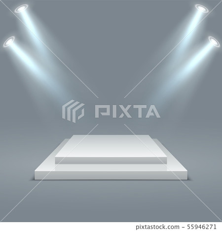 Square illuminated podium. Stage pedestals winner scene with lighting. 3D two-stage platform on gray 55946271