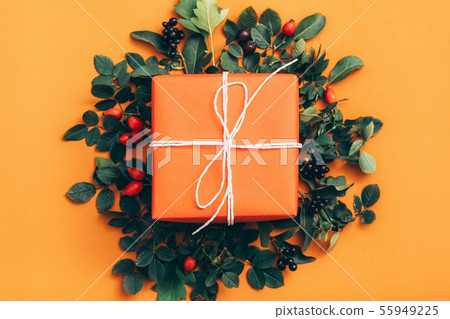floral decoration gift box orange background 55949225