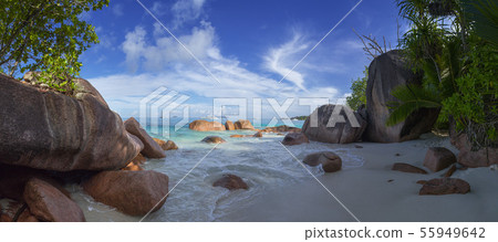 Seychelles, Prale island, Anse Lazio beach panoram Seychelles, Prale island, Anse Lazio beach panoram 55949642