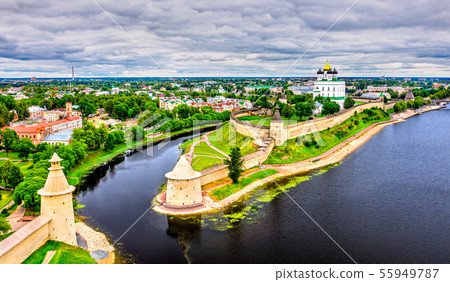 Pskov Kremlin with the Velikaya River in Russia 55949787