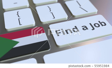 FIND A JOB text and flag of Sudan on the buttons on the computer keyboard. Employment related 55951984
