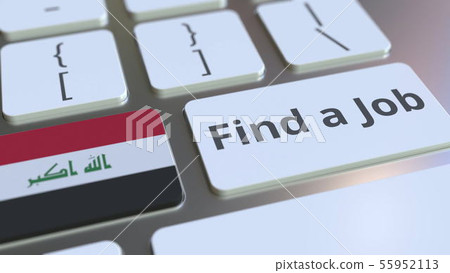 FIND A JOB text and flag of Iraq on the buttons on the computer keyboard. Employment related FIND A JOB text and flag of Iraq on the buttons on the computer keyboard. Employment related 55952113