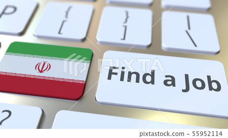 FIND A JOB text and flag of Iran on the buttons on the computer keyboard. Employment related 55952114