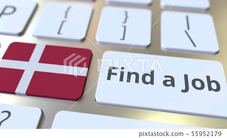 FIND A JOB text and flag of Denmark on the buttons on the computer keyboard. Employment related FIND A JOB text and flag of Denmark on the buttons on the computer keyboard. Employment related 55952179