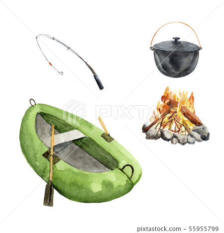 watercolor set fishing, camping - boat, fishing ro watercolor set fishing, camping - boat, fishing ro 55955799
