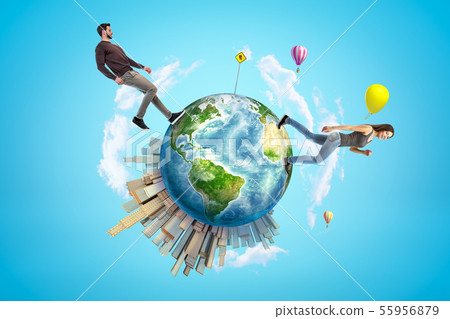 Young man and woman in casual clothes walking on small planet Earth with modern city popping up on Young man and woman in casual clothes walking on small planet Earth with modern city popping up on 55956879
