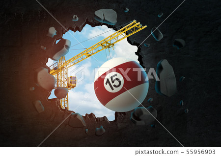 3d rendering of hoisting crane carrying snooker ball and breaking black wall leaving hole in it with 3d rendering of hoisting crane carrying snooker ball and breaking black wall leaving hole in it with 55956903