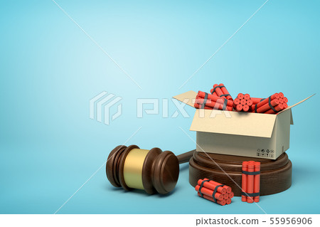 3d rendering of cardboard box full of dynamite standing on sounding block with judge gavel lying 3d rendering of cardboard box full of dynamite standing on sounding block with judge gavel lying 55956906