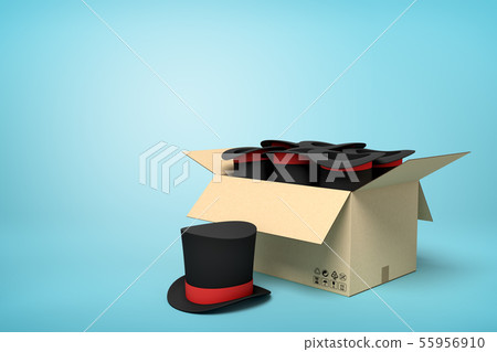 3d rendering of cardboard box full of black top hats on blue background. 3d rendering of cardboard box full of black top hats on blue background. 55956910