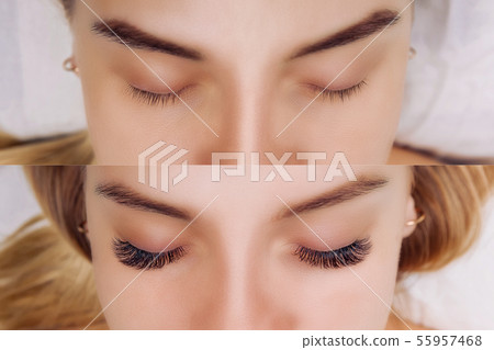 Eyelash Extension. Comparison of female eyes before and after. Eyelash Extension. Comparison of female eyes before and after. 55957468