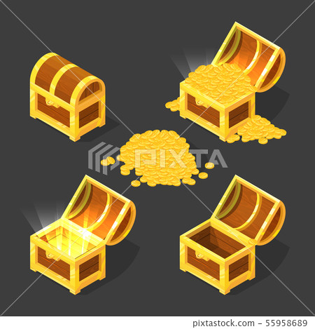 Wooden old chest, closed and opened, with gold and different treasures. Vector pictures in cartoon 55958689