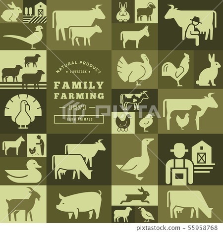 Seamless pattern of various farm animals on dark backgrounds from vector icons. 55958768