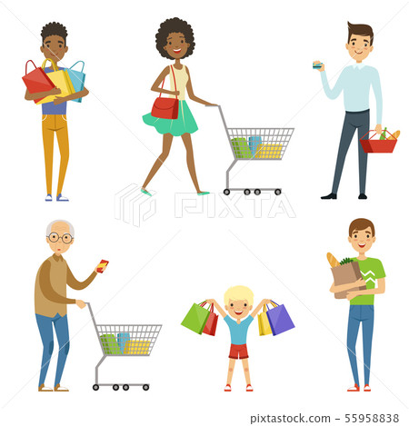 People of different ages make shopping. Vector characters isolate on white 55958838