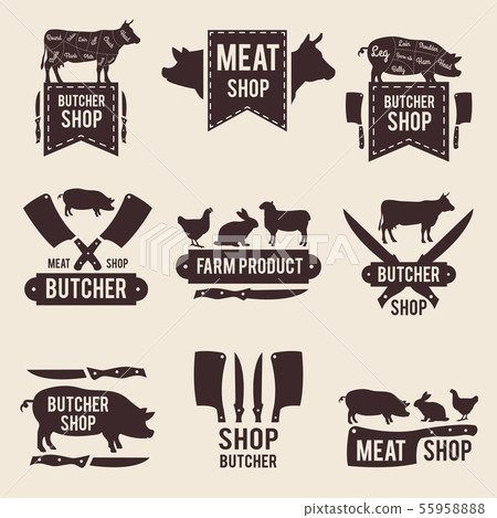 Design of monochrome labels set for butcher shop with illustrations of domestic animals and kitchen Design of monochrome labels set for butcher shop with illustrations of domestic animals and kitchen 55958888