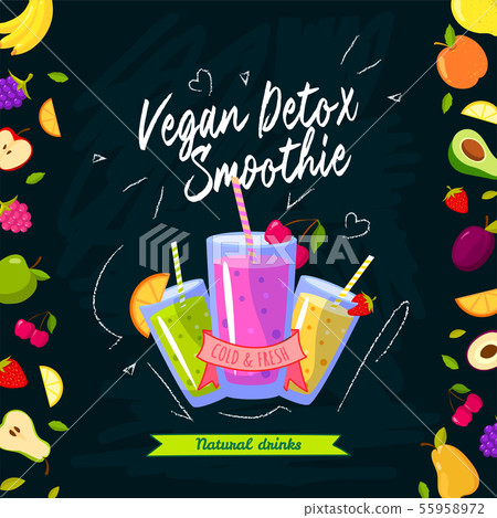 Smoothies time. Vector illustration with different smoothies and fruits on black background 55958972