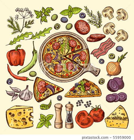 Slices of pizza with cheeses, olives and other ingredients. Vector hand drawn illustrations Slices of pizza with cheeses, olives and other ingredients. Vector hand drawn illustrations 55959000