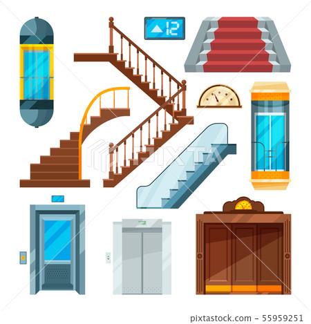 Elevators and stairs in different styles. Lift mechanisms in cartoon style 55959251