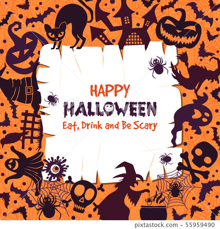 Invitation for halloween party. Scary background with different symbols of halloweens celebration Invitation for halloween party. Scary background with different symbols of halloweens celebration 55959490