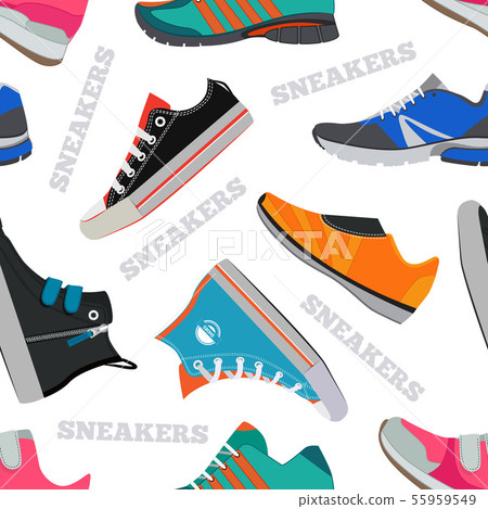 Seamless pattern with sneakers and walking shoes. Vector pictures in flat style 55959549