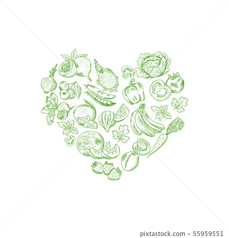 Vector sketched fresh vegetables and fruits set in shape of heart illustration 55959551