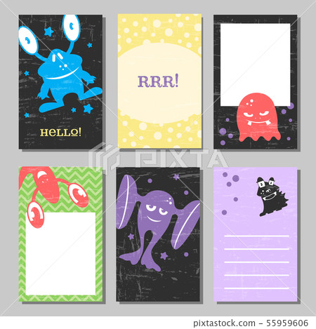 Colorful retro funny cards set with cute monsters. Templates for birthday, anniversary, party 55959606