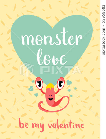 Vector Valentines Day monster love card with blue heart, cute monster and lettering on confetti Vector Valentines Day monster love card with blue heart, cute monster and lettering on confetti 55959682