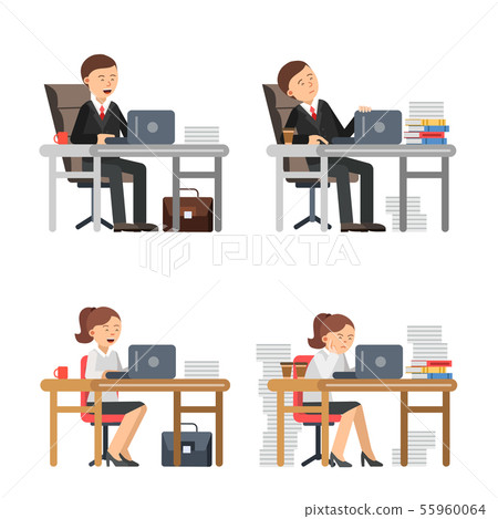 Business peoples at work. Unhappy male and female workers at his workplace Business peoples at work. Unhappy male and female workers at his workplace 55960064