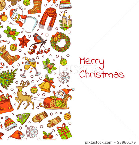 Vector hand drawn colored christmas elements with santa, xmas tree, gifts and bells 55960179